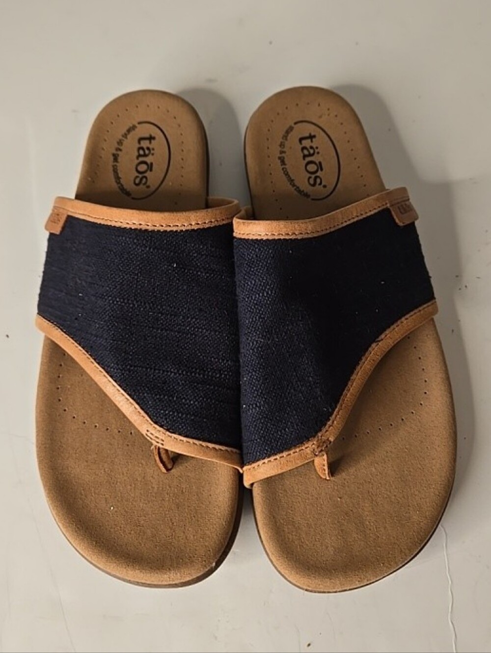 Taos Blue  Canvas and Tan Leather Trim Slide Sandals